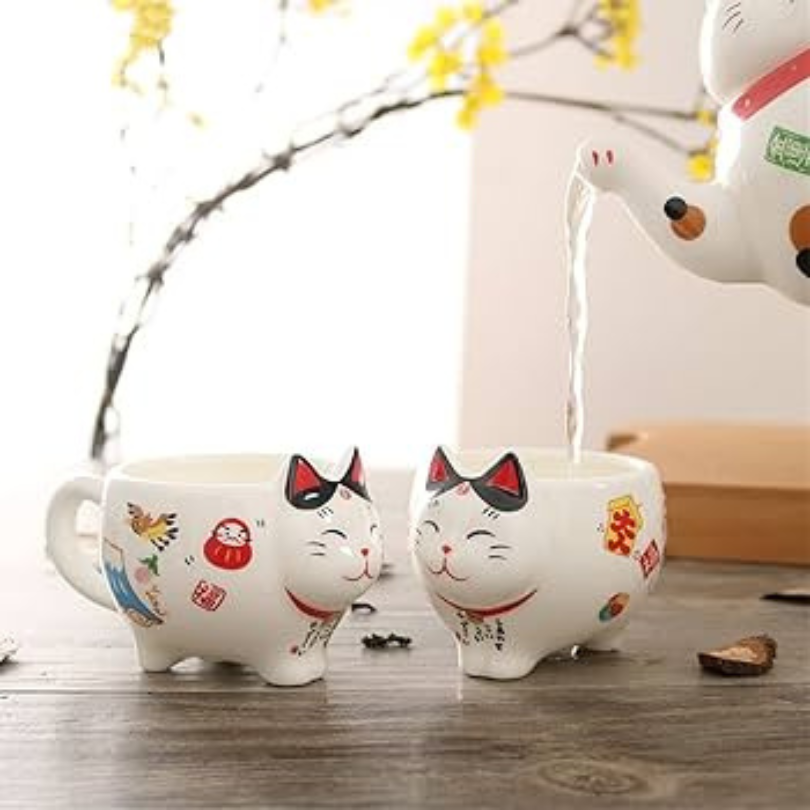 Tetera Gato Maneki-neko + 2 Tazas