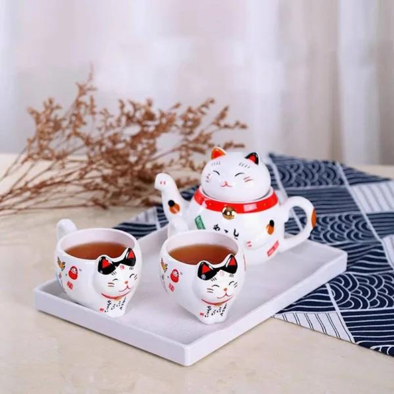 Tetera Gato Maneki-neko + 2 Tazas