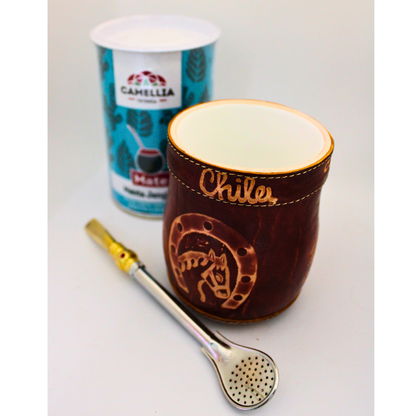 Pack Matero ecocuero Chile Burdeo + Mate Camellia + Bombilla